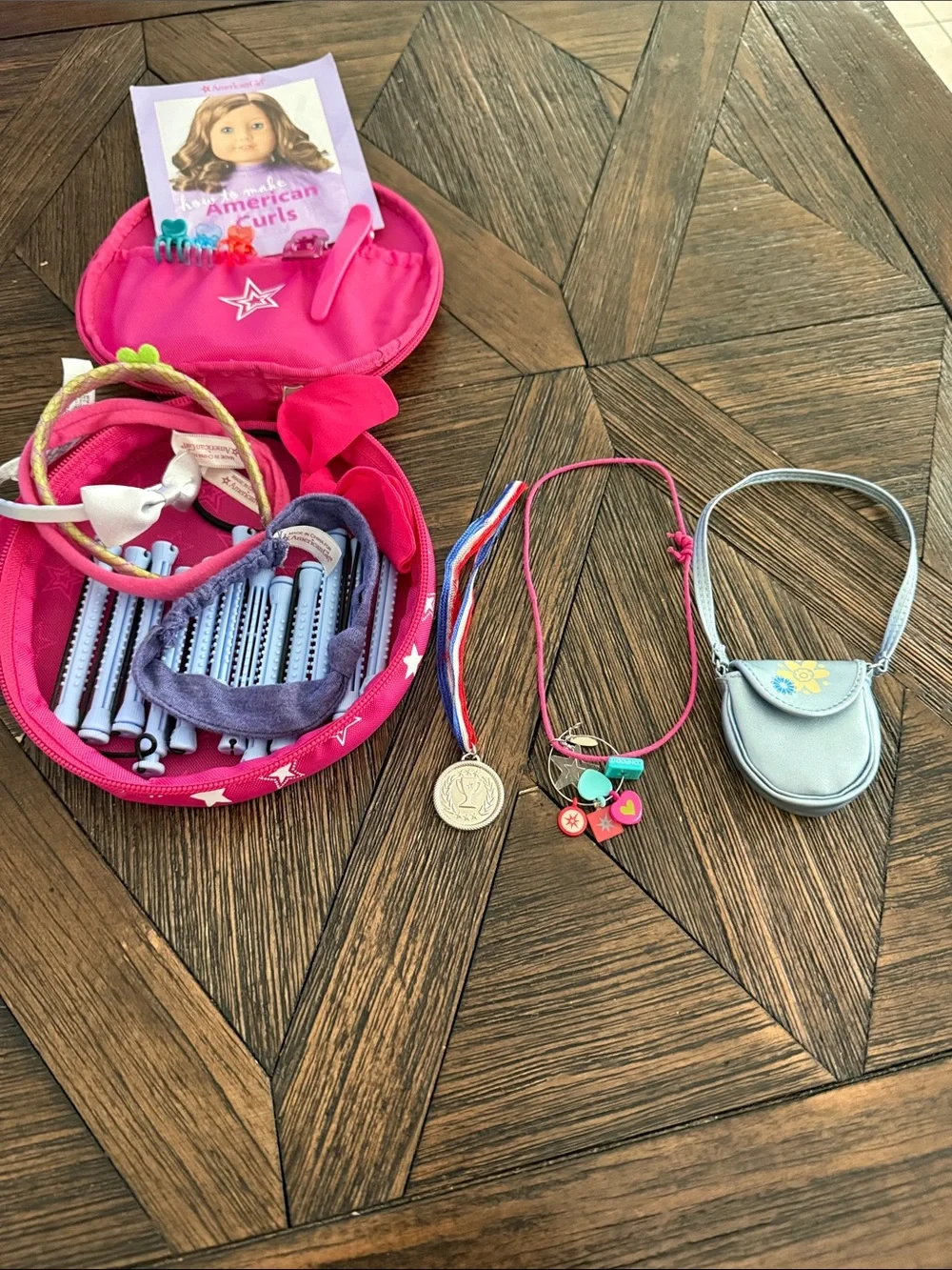 American Girl Doll Accessories Lot Curl Rods Medal Purse Necklace Set
